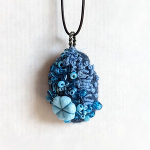 Felted beaded necklace, blue felt, pebble pendant, bead embroidery, hand stitched, unique jewelry, Blue pebble image 7