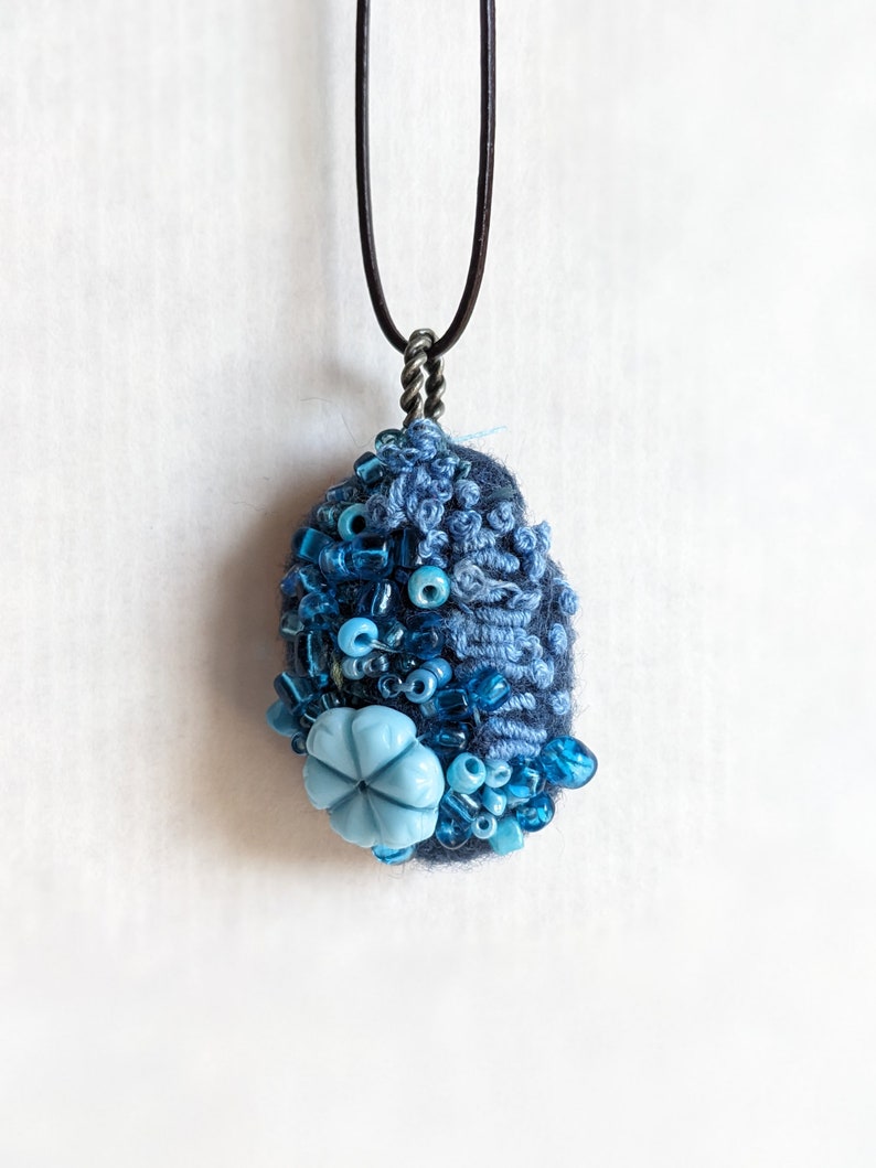 Felted beaded necklace, blue felt, pebble pendant, bead embroidery, hand stitched, unique jewelry, Blue pebble image 7