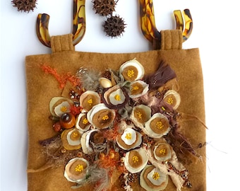 Brown Felt Purse: Floral Fabric Collage, Hand-Embroidered Bohemian Bag