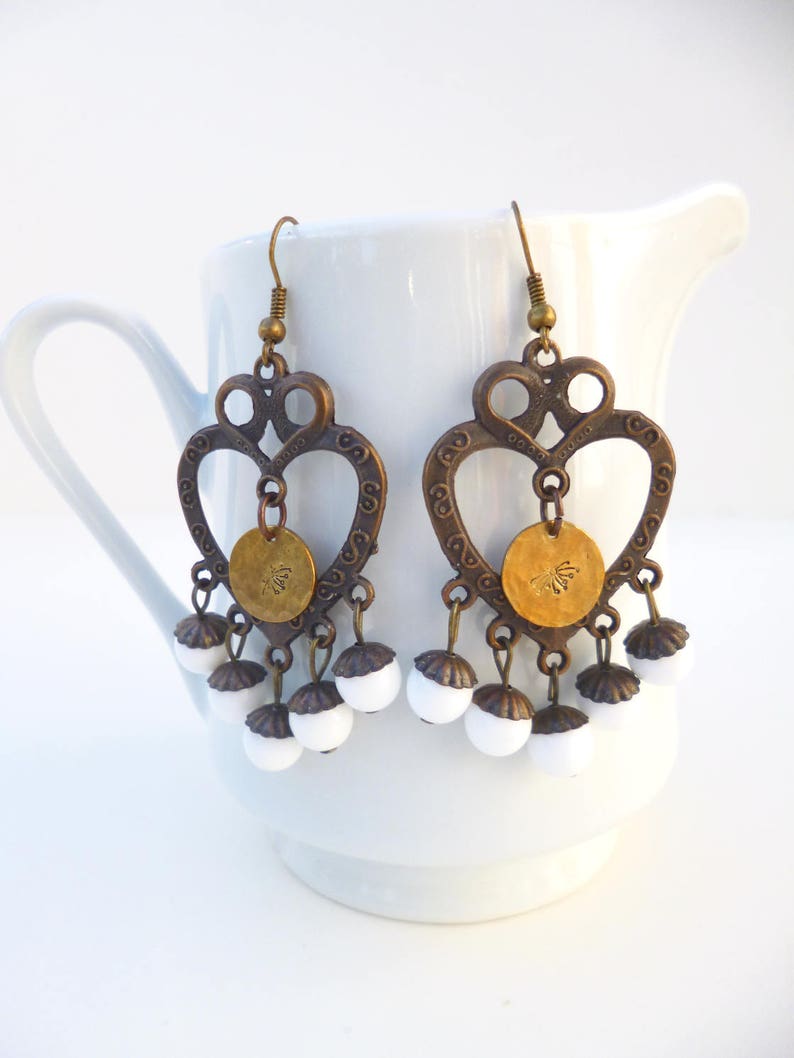 one of a kind Dandelion stamped white copper chandelier earrings bohemian style statement jewelry fashion trendy