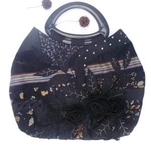 Black Floral Fiber Art Purse: Embroidered Fabric Collage Bag