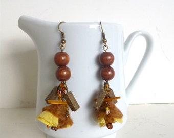 Earrings, Felt and wood beads, dangling, bohemian earrings, statement, one of a kind, unique earrings, handmade, Brown and yellow I