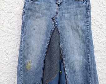 Midi jean skirt, upcycled denim, A line skirt, altered ZD brand, re-worked denim, patchwork jeans, distressed and frayed, tattered