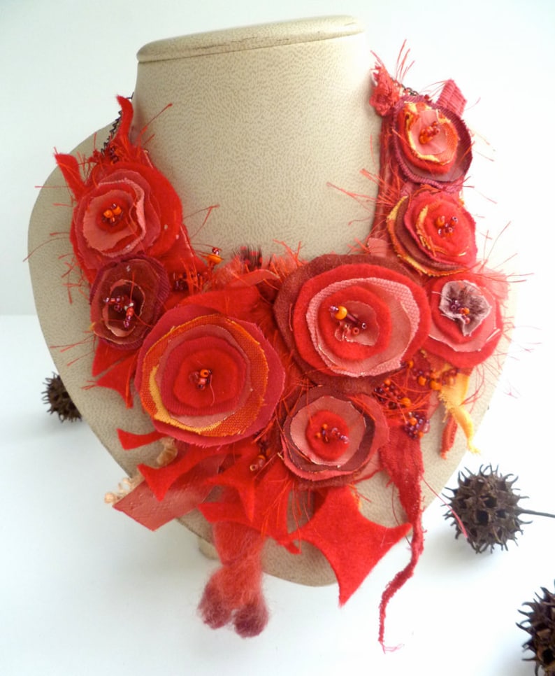Morning beauty XVI romantic bohemian style one of a kind featured in Belle Armoire Jewelry Magazine Fiber art red bib necklace