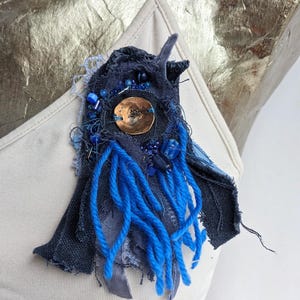 Bohemian Blue Brooch - Romantic Textile Art, Hand Stitched Pin, Statement Jewelry, Upcycled Corsage