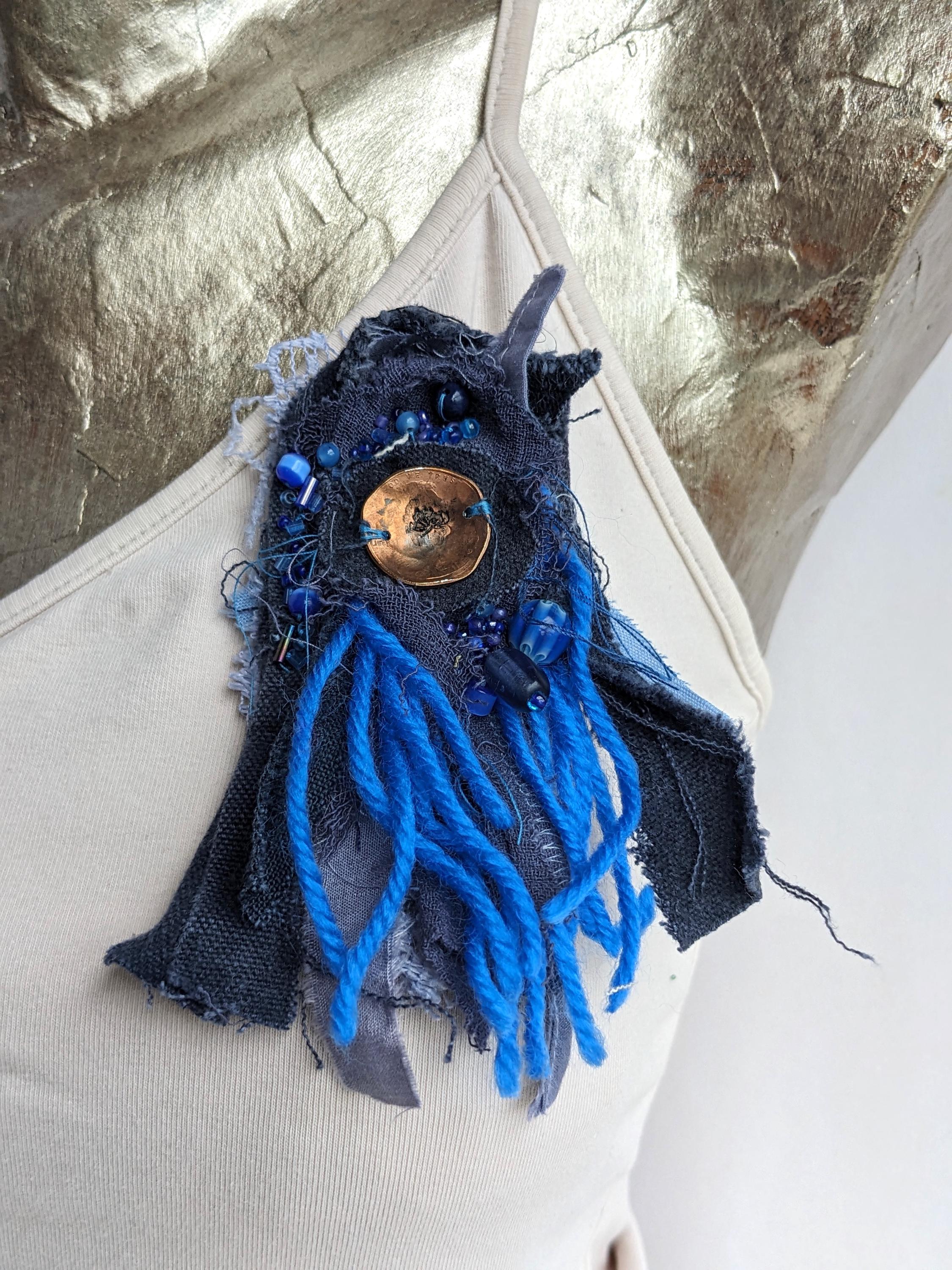 Bohemian Blue Brooch - Romantic Textile Art, Hand Stitched Pin, Statement Jewelry, Upcycled Corsage