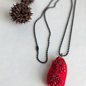 Felted beaded necklace, pebble pendant, bead embroidery, hand stitched, unique jewelry, Red pebble image 1