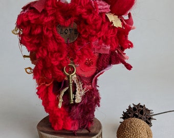 Red Shaggy heart sculpture, fiber art, assemblage, fabric collage, home decor, mantel decor,  self standing art object, soft sculpture, love