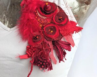 Red Fiber Art Brooch: Bohemian Pin-Up Corsage with Silk & Feathers
