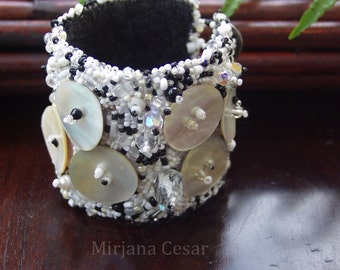 Black and white cuff, beaded, hand stitched, boho style,Bead embroidery, mother of pearl, romantic statement, Fragments III