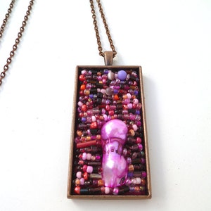 Purple necklace, Purple melange, antique copper bezel pendant, bead embroidery, statement pendant, copper chain image 1