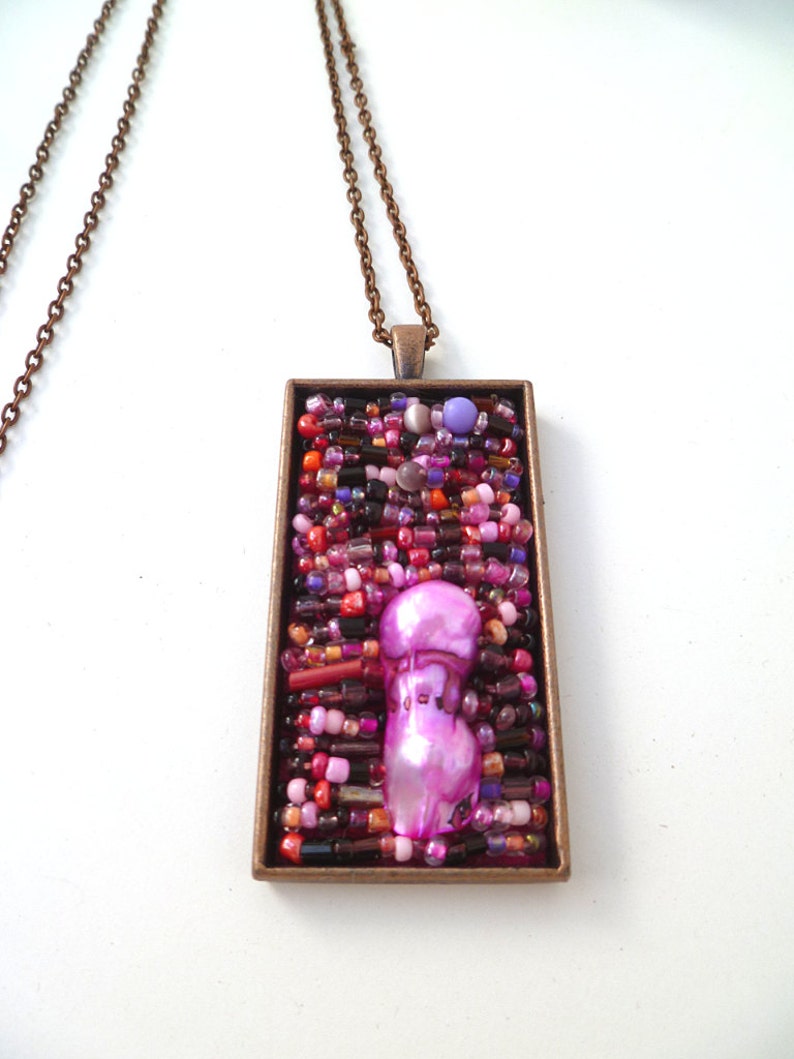 Purple necklace, Purple melange, antique copper bezel pendant, bead embroidery, statement pendant, copper chain image 1