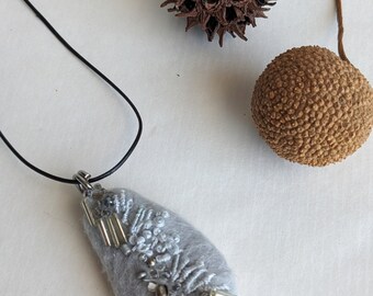 Felted beaded necklace, pebble pendant, bead embroidery, hand stitched, unique jewelry, Gray pebble