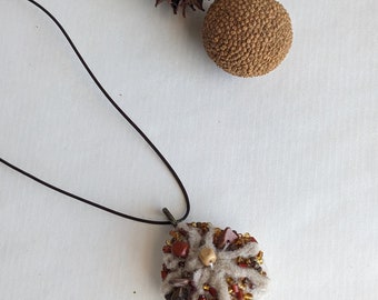 Felted beaded necklace, pebble pendant, bead embroidery, hand stitched, unique jewelry, Beige pebble