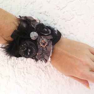 Black cuff, wearable art, black and silver, bead embroidery, hand stitched, romantic, bohemian, textile art, Midnight III image 2