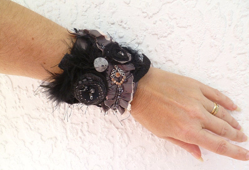 Black cuff, wearable art, black and silver, bead embroidery, hand stitched, romantic, bohemian, textile art, Midnight III image 2