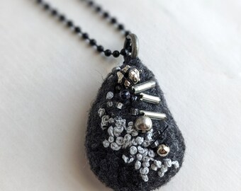 Felted beaded necklace, pebble pendant, bead embroidery, gray necklace, unique jewelry, Charcoal pebble