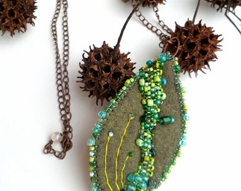 Leaf green felt necklace, fiber art, bead embroidery, lariat, bohemian style, statement jewelry, one of a kind