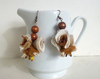 Dangling earrings, Brown and beige, statement jewelry, one of a kind, handmade, felt wood beads copper