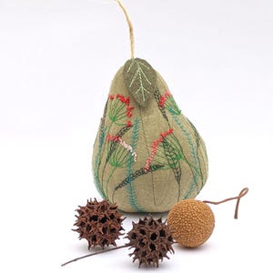 Decorative Pear, Embroidered, Pincushion, Felt Leaf, home decor