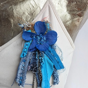 Bohemian Denim Brooch: Hand-Stitched Upcycled Fiber Art Pin