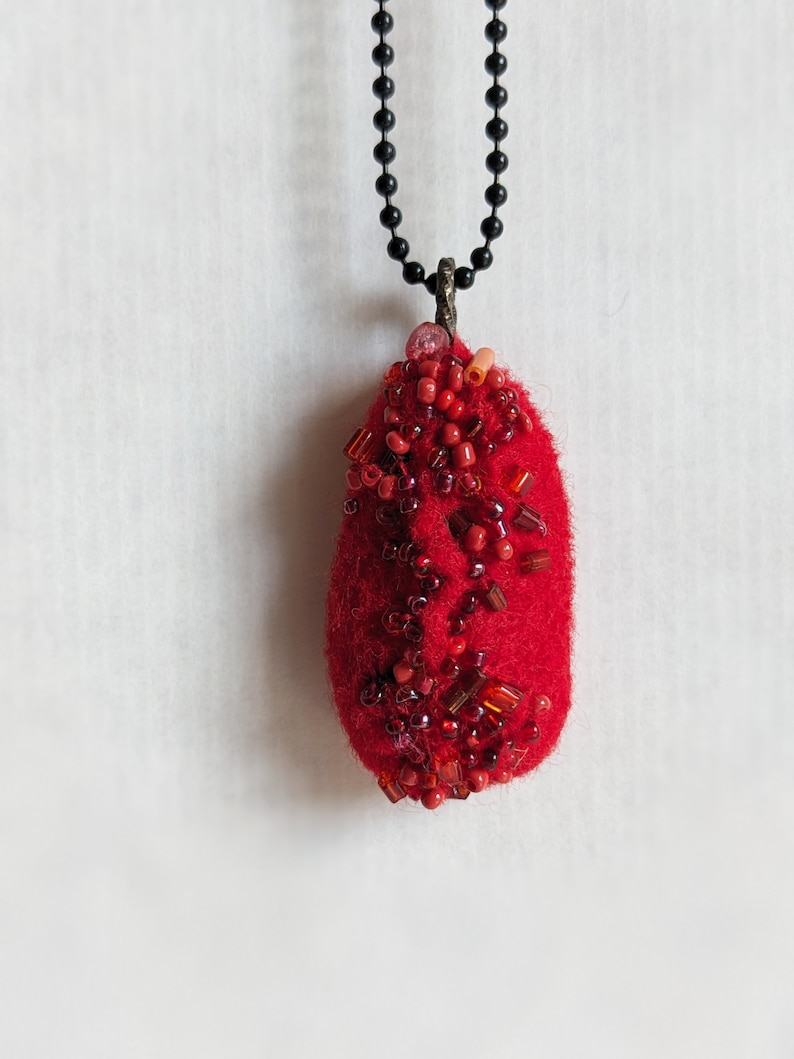 Felted beaded necklace, pebble pendant, bead embroidery, hand stitched, unique jewelry, Red pebble image 7