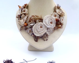 Floral bib necklace, wearable fiber art, bead embroidery, bohemian statement, textile art, Vintage tales XXX
