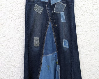 Long jean skirt, upcycled denim, maxi skirt, altered Karma Blue brand, re-worked denim, patchwork jeans, distressed and frayed, tattered