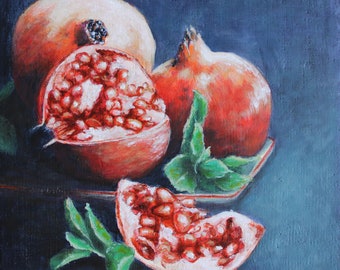 Still life art, Pomegranates, original acrylic painting on cradled wood panel, still life, home decor, wall art, collectible