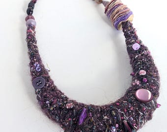 Fiber Art Purple Chunky Bib Necklace, Hand-stitched Wearable Art