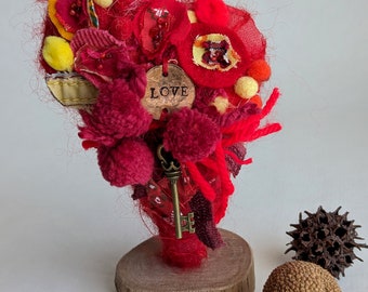 Red Shaggy heart sculpture, fiber art, assemblage, fabric collage, home decor, mantel decor,  self standing art object, soft sculpture, love