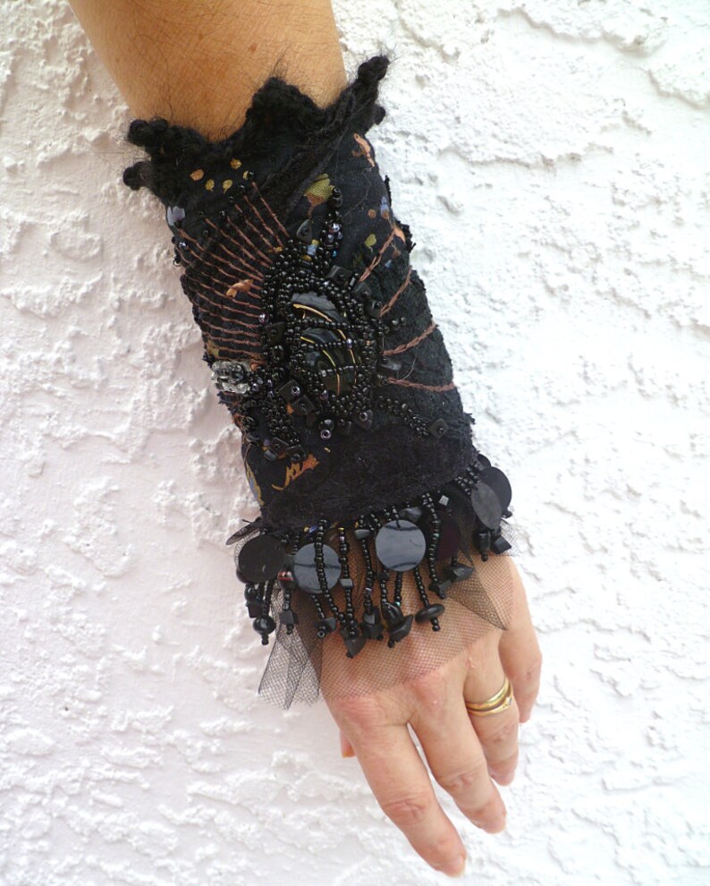 Black hand embroidery cuff textile art fiber art bohemian image 2
