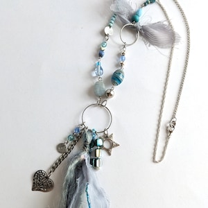 Eclectic Bohemian Necklace – Funky Blue Wearable Art Jewelry – Up-cycled Fabric Pendant with Beads, Charms & Yarn – Artistic Statement Piece