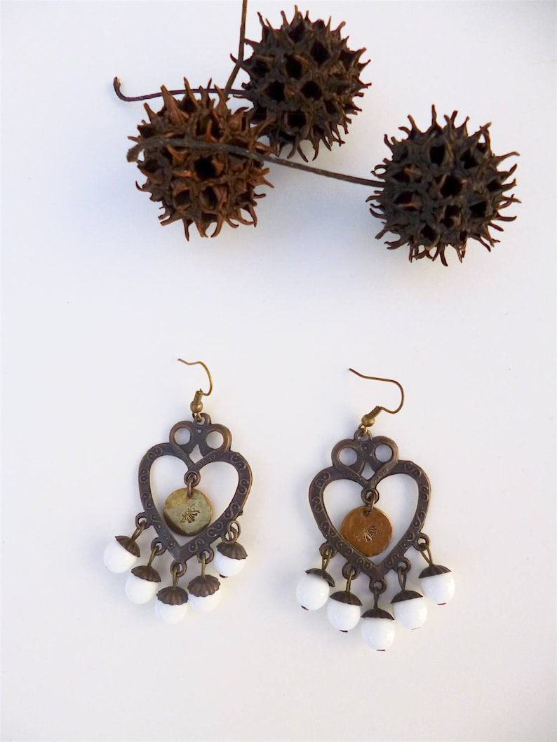 one of a kind Dandelion stamped white copper chandelier earrings bohemian style statement jewelry fashion trendy