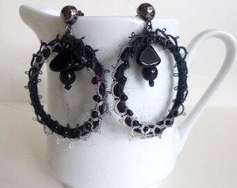 Black hoop earrings, bohemian style, fiber art, statement earrings, romantic, wearable textile art, yarn wrapped