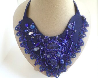 Blue bib necklace, bead embroidery, romantic jewelry, statement, lapis lazuli cabochon, wearable art, unique, Something blue II