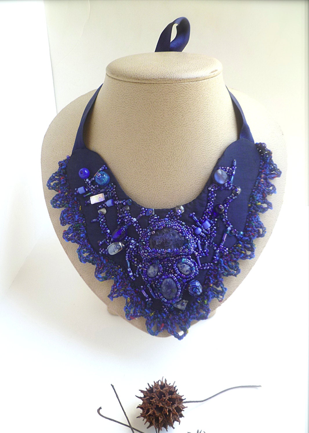 Blue Bib Necklace Bead Embroidery Romantic Jewelry | Etsy