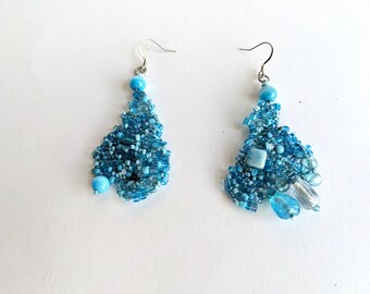 Blue earrings, beaded earrings, asymmetrical, unique jewelry, bohemian style, one of a kind