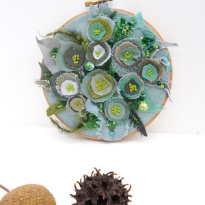 Hand embroidery, hoop, floral, fiber collage, bead embroidery, home decor, wall art, hand stitched, Floral X