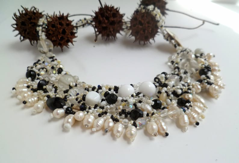 one of a kind Night and day VII black and white beaded art jewelry wearable art bohemian style statement Free form peyote stitch necklace