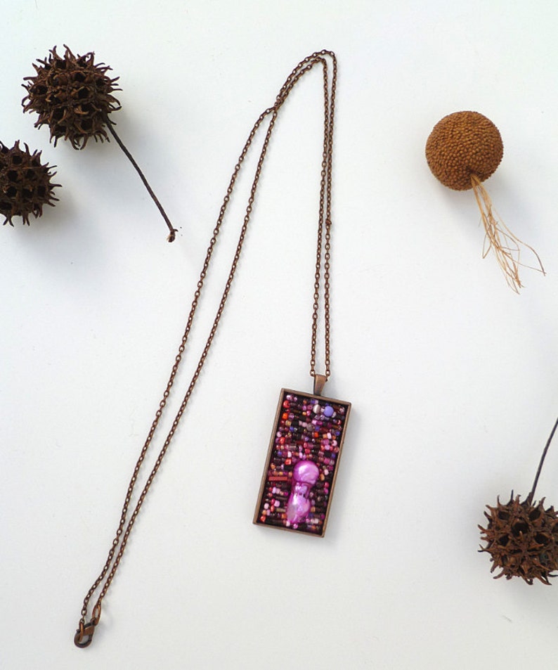 Purple necklace, Purple melange, antique copper bezel pendant, bead embroidery, statement pendant, copper chain image 3