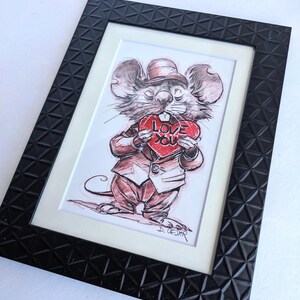 A mouse holding a heart, original illustration, unique, home decor, original drawing, mantel art