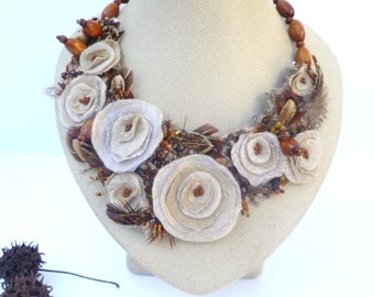 Felt Floral Bib Necklace - Wearable Art Fiber Art with Bead Embroidery & Feathers