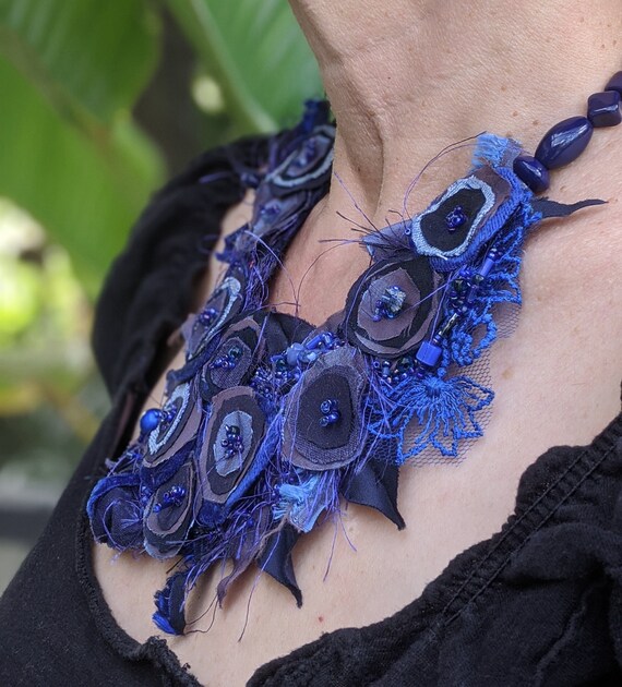 Blue Bib Necklace Floral Hand Stitched Wearable Art Featured