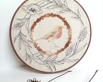 Bird hand embroidery, hoop art, wall hanging, home decor, hand stitched, decoration, one of a kind, fabric collage, unique, textile art