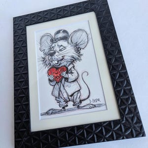 A mouse holding a heart, original illustration, unique, home decor, original drawing, mantel art