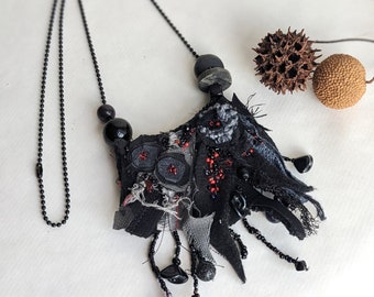 Black bib necklace, fiber art, burlesque style, hand stitched, unique jewelry, wearable art, Evening beauty VIII