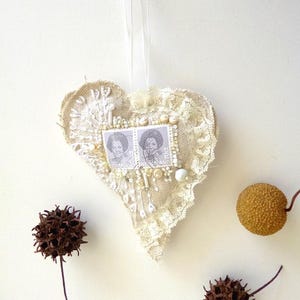Hand Stitched Heart Ornament: Fiber Art with Netherland Stamp image 1