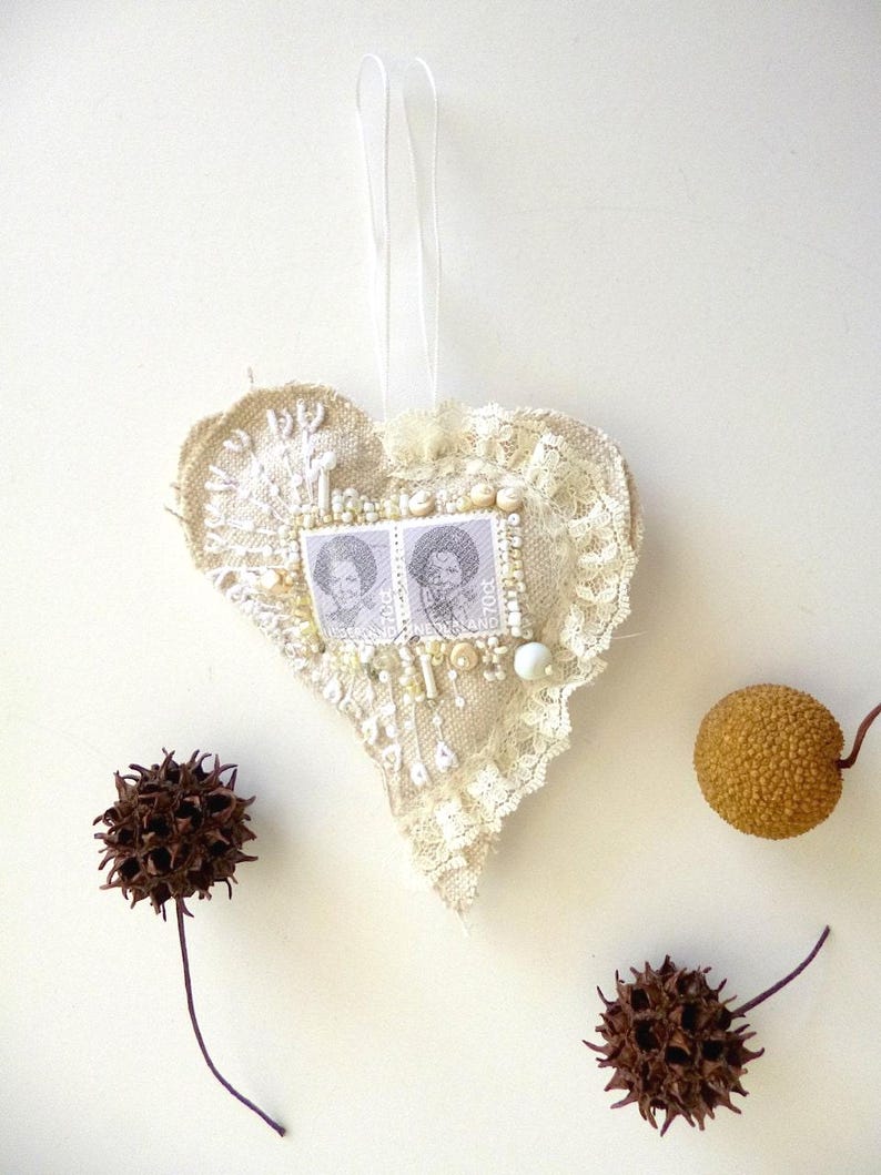Hand Stitched Heart Ornament: Fiber Art with Netherland Stamp image 1