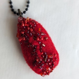 Felted beaded necklace, pebble pendant, bead embroidery, hand stitched, unique jewelry, Red pebble image 2